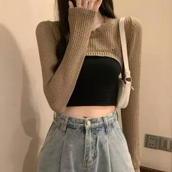 Женская солнцезащитная полая тонкая прозрачная рубашка с длинными рукавами и защитой от ультрафиолета, с открытой талией, летняя осень, короткая трикотажная короткая блузка с круглым вырезом абрикосовый