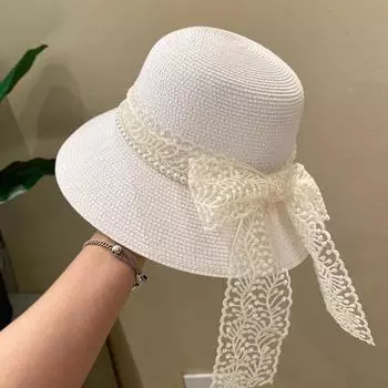 Женская соломенная кружевная шляпа-тазик с широкими полями, складной бант, солнцезащитный козырек от солнца, бежевая соломенная шляпа, летняя шляпа-ведро M56-58cm чёрный