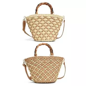 Женская соломенная плетеная сумка, летние пляжные сумки с ручкой из ротанга, плетеная сумка через плечо, сумка-портфель с верхней ручкой для вечеринки и отпуска 02