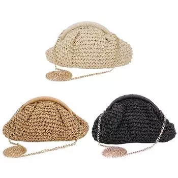 Женская соломенная плетеная сумка с цепочным ремешком, плетеная сумка для пельменей, большая вместимость, стильная сумка через плечо, однотонный цвет для вечеринки, отпуска бежевый