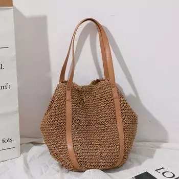 Женская соломенная пляжная сумка большой вместимости коричневый