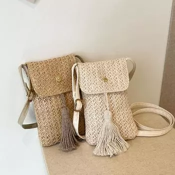 Женская соломенная пляжная сумка для отдыха, сумка для мобильного телефона, летняя мини-сумка через плечо с кисточками для путешествий в стиле бохо 11x1x18cm бежевый