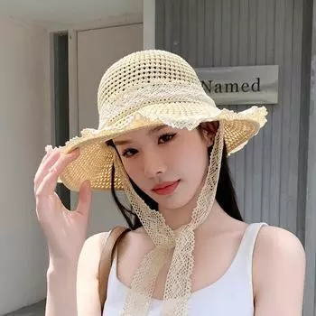 Женская соломенная шляпа на шнуровке, широкополая пляжная шляпа, складная солнцезащитная шляпа бежевый