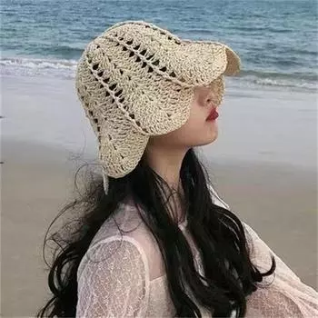 Женская соломенная шляпа New Hollow Wild складная соломенная шляпа рыбака для пляжа, отдыха, путешествий, улицы, простая кепка-ведро 56-59cm чёрный