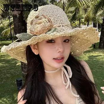 Женская соломенная шляпа от солнца, связанная крючком, с цветочным акцентом, элегантные оборки на полях, складной летний пляжный аксессуар для путешествий ONE SIZE бежевый