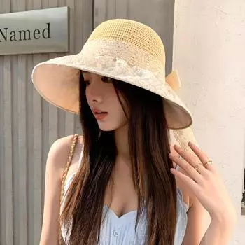 Женская соломенная шляпа с большими полями, солнцезащитные шляпы с бантом, украшение для солнцезащитного крема, кружевная шляпа-ведро с цветком, элегантная чёрный
