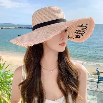 Женская соломенная шляпа с большими полями, вышитыми буквами, рваными краями, хорошей воздухопроницаемостью, декором в виде банта, защитой от ультрафиолета и солнца, пляжная шляпа от солнца бежевый