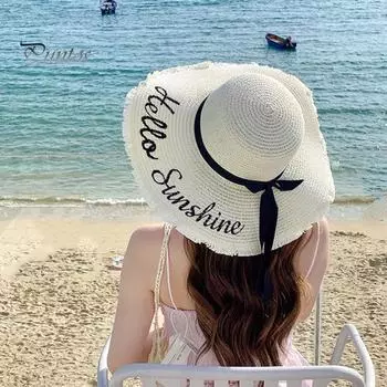 Женская соломенная шляпа с большими полями, вышитыми буквами, рваными краями, хорошей воздухопроницаемостью, декором в виде банта, защитой от ультрафиолета и солнца, пляжная шляпа от солнца бежевый