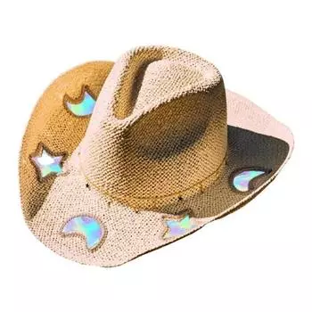 Женская соломенная шляпа с широкими полями, шляпа ковбоя со спектральным дизайном в форме звезды, луны и сердца, шляпа в богемном стиле, дышащая плетеная шляпа A