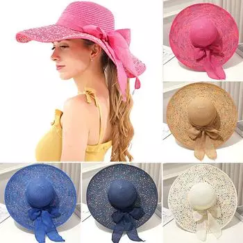 Женская соломенная шляпа с защитой от солнца на открытом воздухе, красочная точка с широкими полями, складная летняя элегантная ленточка с бантом хаки
