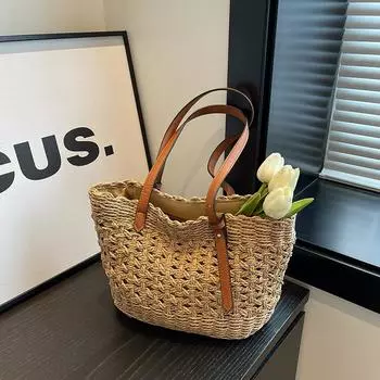 Женская соломенная сумка большой вместимости, новинка 2024 года, летняя персонализированная сумка для покупок на одно плечо, дорожная сумка с тканой текстурой