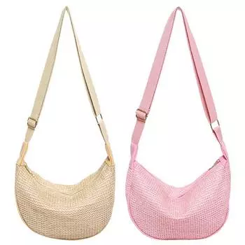 Женская соломенная сумка для пельменей, большая вместительная сумка через плечо в форме полумесяца, сумка через плечо с регулируемым ремешком, повседневная сумка в форме полумесяца для путешествий на открытом воздухе хаки