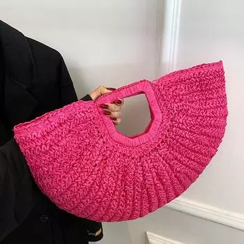 Женская соломенная сумка ручной работы, большая вместимость, сумка Bohemia Moon, однотонная соломенная сумка в форме полумесяца, женская повседневная сумка 46x2x30cm хаки