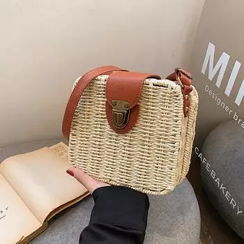 Женская соломенная сумка ручной работы, женские сумки через плечо, пляжная дорожная сумка через плечо, женская маленькая сумка-коробка из ротанга, сумка-шоппер, сумки-тоуты Bohemia 18cm*7cm*17cm бежевый