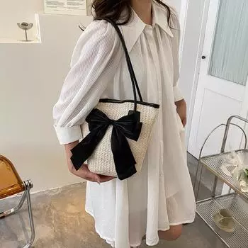 Женская соломенная сумка-тоут, большая вместительная тканая дорожная сумка с бантом, простая сумка на плечо, женская летняя повседневная сумка чёрный