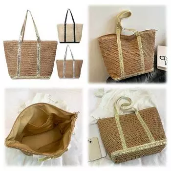 Женская соломенная сумка-тоут, большая вместительная пляжная сумка с блестками, вязаная крючком, контрастного цвета, простая сумка на плечо, женская летняя повседневная сумка чёрный