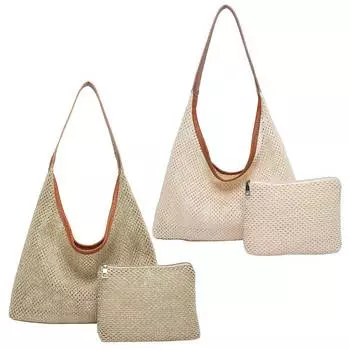 Женская соломенная сумка-тоут, летние пляжные сумки, большая вместительная соломенная сумка ручной работы с небольшой сумкой, однотонная сумка с верхней ручкой