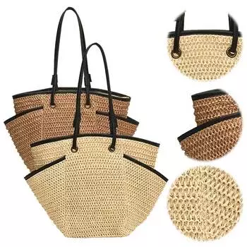 Женская соломенная сумка-тоут, летние пляжные сумки, большая вместительная модная тканая сумка с несколькими карманами для путешествий, покупок хаки