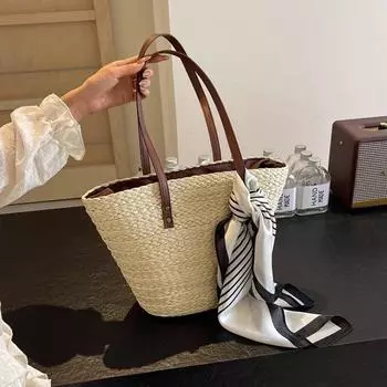 Женская соломенная сумка-тоут, летние пляжные сумки, модная тканая сумка большой вместимости с шелковым шарфом для путешествий на открытом воздухе белый