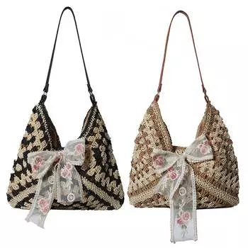 Женская соломенная сумка-тоут, простая сумка для покупок, большая вместительная соломенная пляжная сумка-хобо с бантом в стиле пэчворк для путешествий, отпуска чёрный