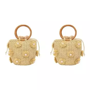 Женская соломенная сумка-ведро с жемчужным шнурком, сумка на запястье, летняя пляжная сумка (бежевый)