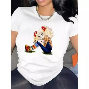 Женская спортивная футболка с милым принтом мультяшного персонажа - черная футболка с круглым вырезом и коротким рукавом для всех сезонов S