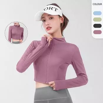 Женская спортивная куртка с длинными рукавами, рубашка для бега, дышащее спортивное пальто, топ на молнии для тренировок в тренажерном зале, женская куртка для йоги с отверстиями для пальцев S чёрный