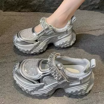 Женская спортивная обувь, летние сетчатые дизайнерские дышащие полые кристаллы, повседневные сандалии Marie Janes, кроссовки Zapatos Mujer 35 серебряный