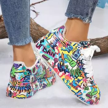 Женская спортивная обувь на толстой подошве, новые женские белые туфли с ручной росписью в стиле граффити, уличная повседневная обувь 36 зелёный
