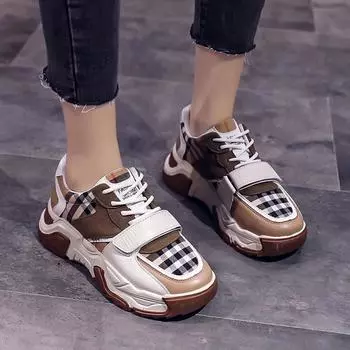 Женская спортивная обувь, весенние новинки, толстая подошва, клетчатая расцветка, шнуровка, модные, удобные, нескользящие, для занятий бордом 35 чёрный