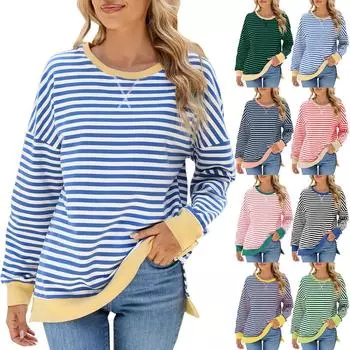 Женская спортивная рубашка в полоску большого размера с длинными рукавами и круглым вырезом, повседневная свободная рубашка-пуловер, топ L синий