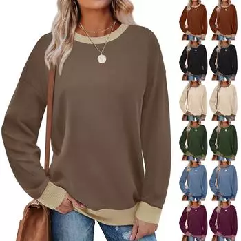 Женская спортивная рубашка весна-лето с круглым вырезом и длинным рукавом, свободный топ с цветными блоками и ребристым краем, модная L хаки