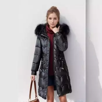 женская средняя и длинная новая утолщенная теплая облегающая куртка с тонким меховым воротником на хлопковой подкладке, несмываемая куртка на хлопковой подкладке M белый