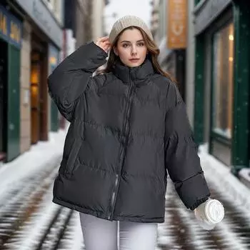 Женская стеганая куртка 2024 года, женская однотонная повседневная свободная хлопковая куртка, женская утепленная теплая хлопковая куртка, женская одежда M чёрный
