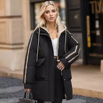 Женская стеганая куртка 2024 года, зимняя женская контрастная утепленная длинная куртка с капюшоном, женская 2-карманная поддельная двухкомпонентная хлопковая куртка M хаки