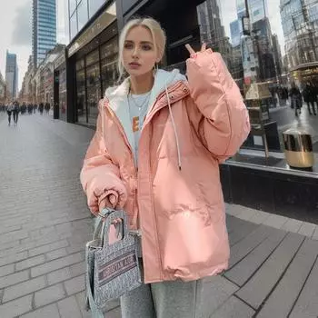 Женская стеганая куртка 2024 зимняя женская контрастная поддельная двухкомпонентная короткая куртка с капюшоном женская утепленная теплая хлопковая куртка S розовый