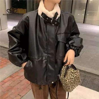 Женская стеганая куртка из искусственной кожи с длинными рукавами, зимняя корейская бархатная утолщенная куртка с небольшим свободным воротником, мотоциклетный топ S чёрный