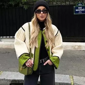 Женская стеганая куртка, легкая, с длинным рукавом, цветная вставка, утепленная верхняя одежда S зелёный