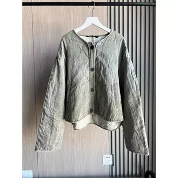 Женская стеганая куртка-пуховик с круглым вырезом и длинными рукавами, прорезными карманами спереди, асимметричным подолом XS