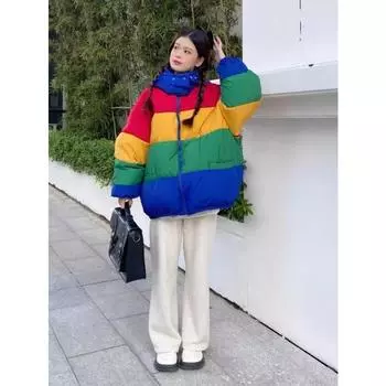 Женская стеганая куртка-пуховик в полоску с радужными цветными блоками, верхняя одежда с капюшоном, пальто с пузырьками на молнии и карманами, свободный теплый наряд S