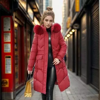 Женская стеганая куртка с большим меховым воротником, теплая куртка, зимняя женская однотонная хлопковая куртка с капюшоном и 2 карманами, женская одежда L чёрный