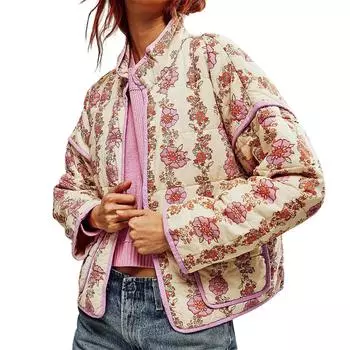 Женская стеганая куртка с цветочным принтом, куртка на пуговицах с длинными рукавами, легкая винтажная куртка с вышивкой, верхняя одежда S коричневый