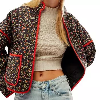 Женская стеганая куртка с цветочным принтом, куртка на пуговицах с длинными рукавами, легкая винтажная куртка с вышивкой, верхняя одежда S чёрный