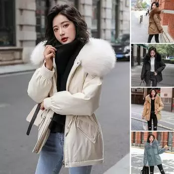 Женская стеганая куртка, утолщенное плюшевое пальто с подкладкой и кулиской на талии, зимняя теплая стеганая куртка с капюшоном из искусственного меха для работы, уличная одежда M бежевый
