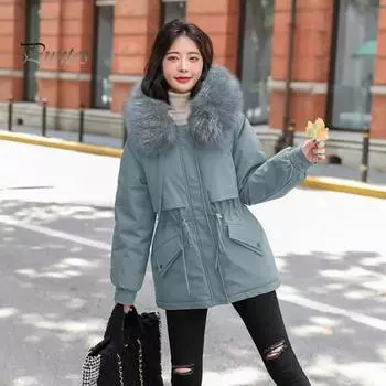 Женская стеганая куртка, утолщенное плюшевое пальто с подкладкой и кулиской на талии, зимняя теплая стеганая куртка с капюшоном из искусственного меха для работы, уличная одежда M светло-синий