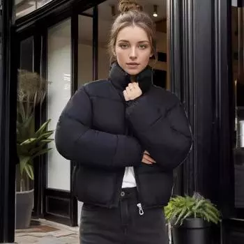 Женская стеганая куртка, зимняя хлопковая куртка, женская короткая универсальная куртка с высокой талией и воротником-стойкой, женская парка S чёрный