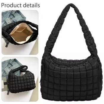 Женская стеганая сумка через плечо, стеганая сумка-тоут, большая вместимость, мягкая сумка-хобо, однотонная застежка-молния для путешествий на открытом воздухе