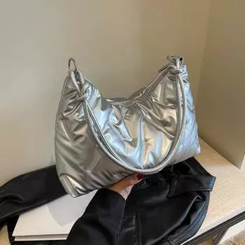 Женская стеганая сумка-тоут, модная дутая сумка-хобо, пуховые сумки, большая вместимость, мягкая сумка через плечо, повседневная зимняя сумка для поездок на работу 34x10x20cm серебряный
