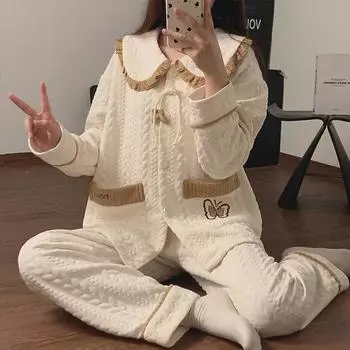 Женская стеганая толстая теплая трехслойная хлопковая пижама - костюм с длинным рукавом больших размеров для осени и зимы XL