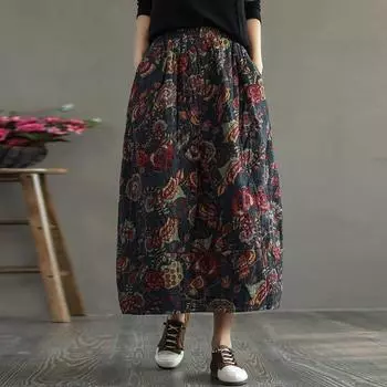 Женская стеганая юбка с цветочным принтом и мягкой подкладкой, винтажная одежда из смешанного хлопка с эластичной резинкой на талии, осенне-зимние юбки с карманами One Size темно-синий